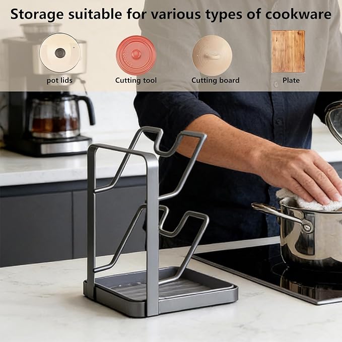 Kitchen Pot Lid Storage Rack, Pot Lid Holder with Tray, Lid Holder While Cooking, Multifunctional Kitchen Organizer Stand for Stove Top (Gray, Double-layer)