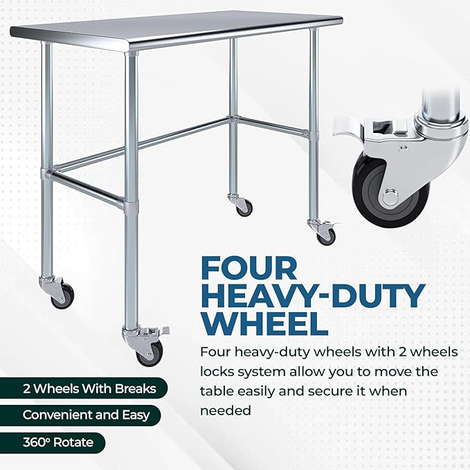Mobile Metal Utility Prep Table | Heavy-Duty Commercial Work Station | NSF Certified (Stainless Steel Work Table Open Base + Casters) (48" Long x 24" Deep)