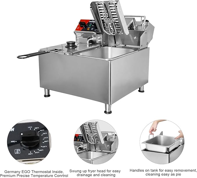 CROSSON 20Lbs Dual Tank Electric Deep Fryer with Rotary fryer head,30 Minitues Timer,Removable 304 SS Oil Tank with Handle,9L Countertop Deep Fryer for Home Use