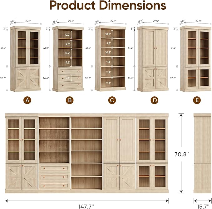 70.8" Tall Bookshelf with Doors, Farmhouse Modular Bookcase with 4-Tier Adjustable Shelves, Large Storage Cabinet for Home Office, Living Room, Brown, Set of 4