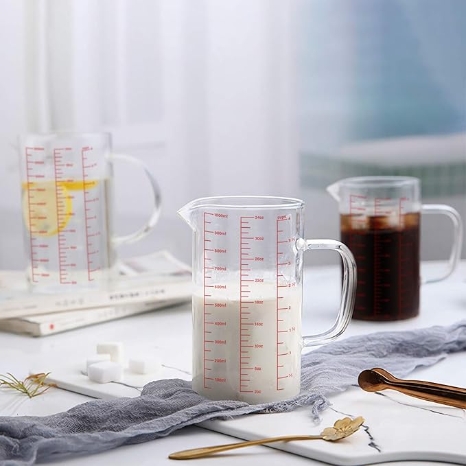 Luvan 34OZ/1000ML Glass Measuring Cup, 4 Cup Glass Measuring Cups With 3 Scales (Ml/Oz/Cup), High Borosilicate Measuring Cup With Handle and V-Shaped Spout, Dishwasher/Freezer/Microwave Safe