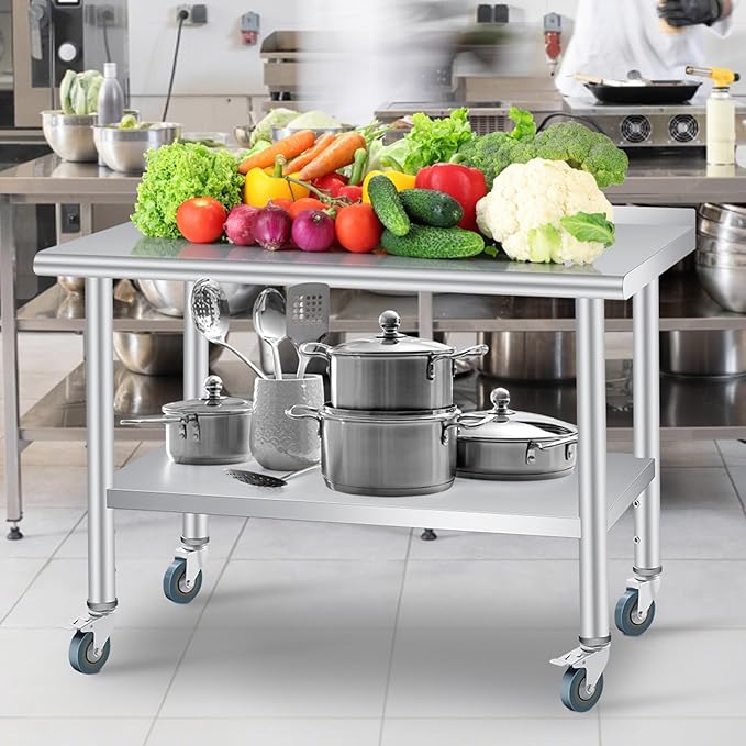Stainless Steel Prep Table, 60 x 24 Inches, with Backsplash, Adjustable Undershelf and 4 Caster Wheels, Commercial Heavy Duty Table with Adjustable Under Shelf for Outdoor Use,Restaurants,Hotels,Works