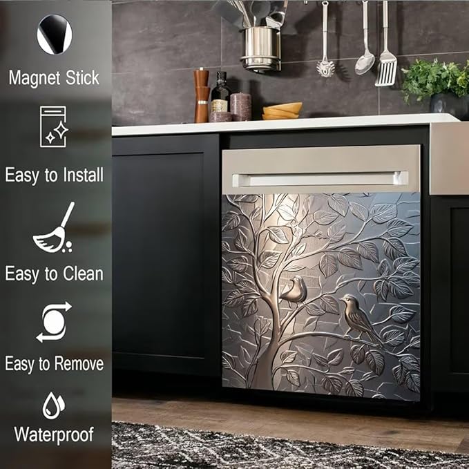 Stainless Steel Bird Dishwasher Magnet Cover - Kitchen Decorative Silver Dishwasher Cover Fridge Panel Decal, Magnetic Refrigerator Sticker Front Door Decals, Magnetic 23"X26"