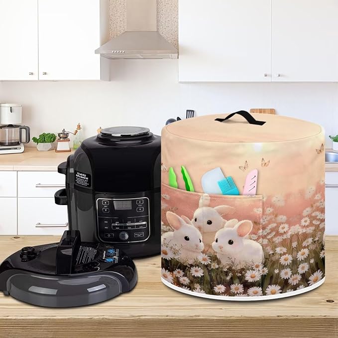 Xoenoiee Rabbit Butterfly Daisy Print Kitchen Appliance Dust Cover with Pockets, Electric Pressure Cooker Cover Compatible with Crock Pot for Easter Decor, Rice Cooker Covers, for 8 Qt