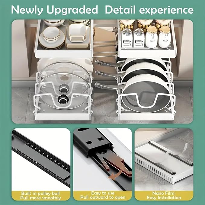 2 Pack Pull Out Pots and Pans Organizer Rack for Cabinet and Countertop, Pull Out Cabinet Organizer with 8 Adjustable Dividers, Kitchen Storage for Pot Lid, Dishes, Bakeware, Pots and Pans, White