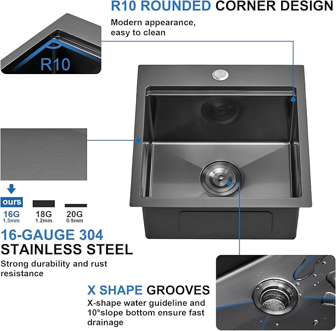 Scamall 18x18x10 Drop In Kitchen Sink Workstation, Nano Black 304 Stainless Steel Deep Single Bowl with Quick Drainage & Tarnish-Free Surface for Bar, Laundry, RV, Includes Accessories