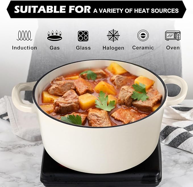 TeamFar 5Qt Dutch Oven, Enameled Cast Iron Dutch Oven with Lid & Dual Handles for Cooking Baking Braising Simmering, Healthy & Sturdy, Oven & Various Stovetops Safe, Non-stick & Easy Clean - Cream White