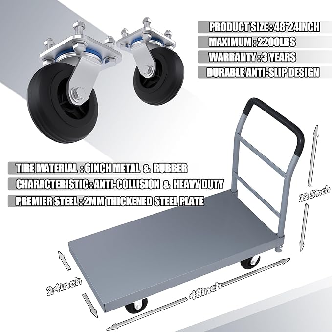Heavy Duty Flatbed Cart, 2200LB Foldable Platform Truck Industrial Grade Weight Capacity, 48''L*24''W Platform Cart, Steel Hand Push Dolly Cart for Garden, Warehouse＆Yard