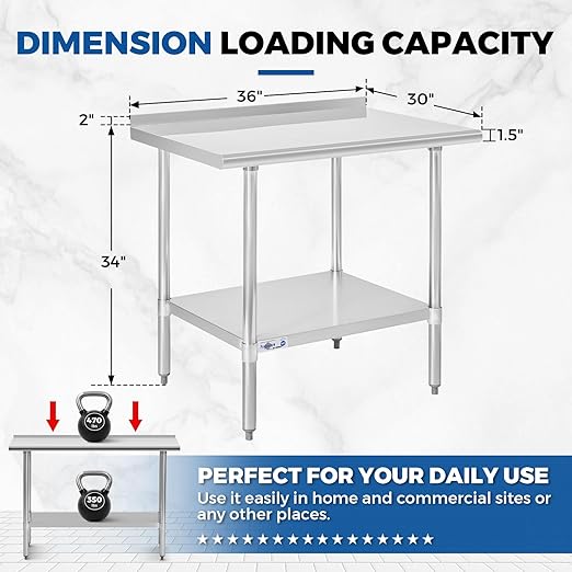 Profeeshaw Stainless Steel Prep Table NSF Commercial Work Table with Backsplash and Undershelf for Kitchen Restaurant 36x30 Inch