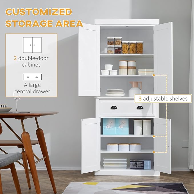 HOMCOM 72.5" Kitchen Pantry Cabinet, Traditional Freestanding Storage Cabinet with 4 Doors, Drawer and 3 Adjustable Shelves for Dining Room, White