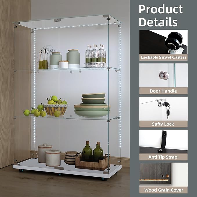 Glass Display Cabinet with LED Light Strip, 3 Shelves with 2 Doors, Glass Top Curio Storage Cabinets with Lock & Caster for Living Room,Floor Standing Bookshelf, Quick Installation - White