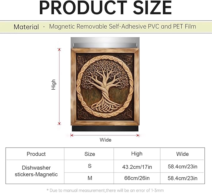 Wood Tree of Life Dishwasher Magnet Cover Skin Panel Decal, 3D Wood Sculpture Tree of Life Refrigerator Magnet Door Cover Vinyl Dishwasher Sticker - 23" W x 26" H Magnetic