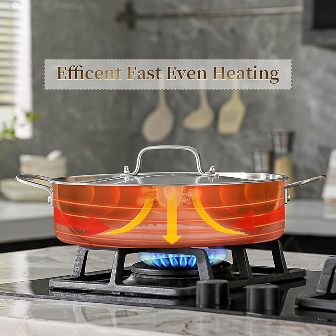 DELARLO Tri-Ply Stainless Steel Braiser Pan with Lid 5 Quart Nonstick Induction Rondeau Cooking Pot 12inch Deep Frying Pan Large Saute Pan Heavy Duty,Dishwasher and Oven Safe to 550℉