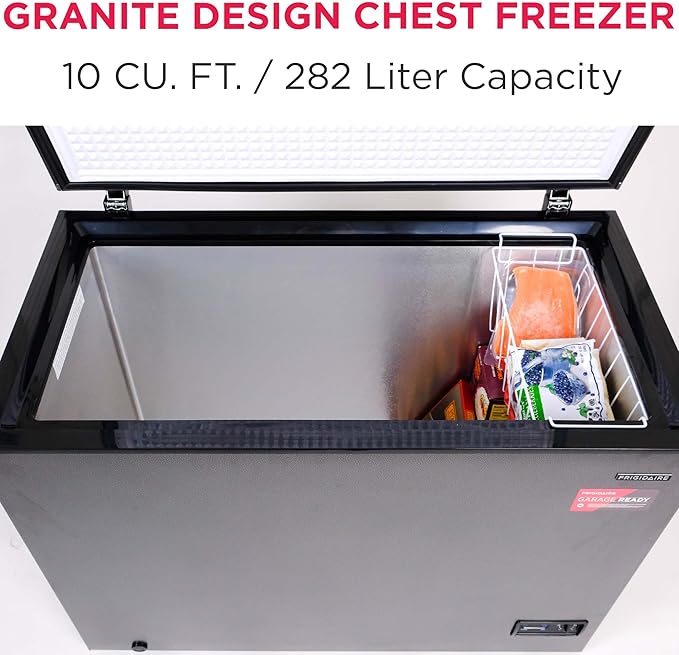 Frigidaire Chest Deep Freezer, 10 Cu. Ft. Capacity, Granita Rugged Design-Adjustable Thermostat-Removable Vinyl Coated Wire Basket-Easy Defrost Drain