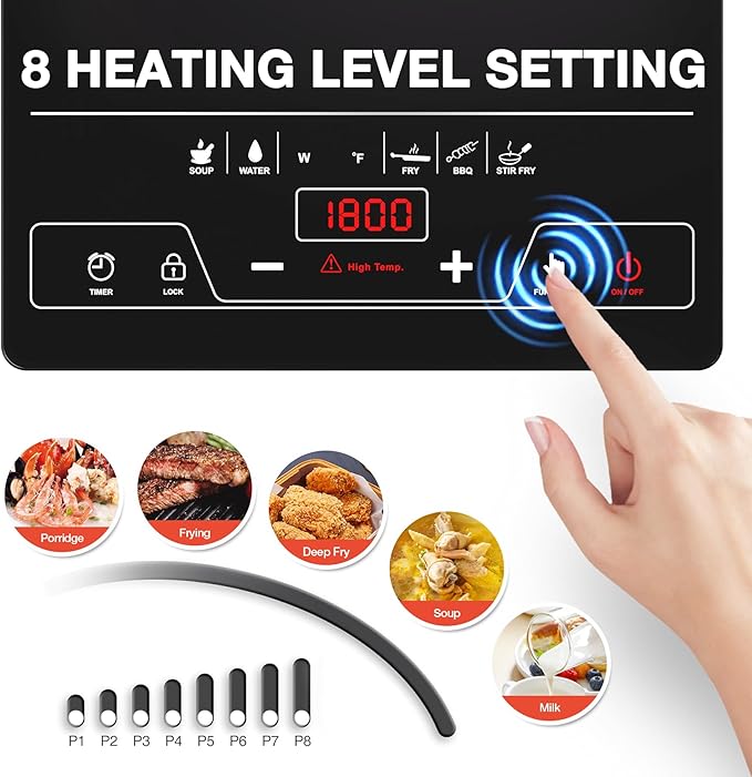 VBGK Single Burner Electric Cooktop,1800W Electric Stove Top Portable Cooktop LED Touch Control,8 Power Levels, Kids Lock