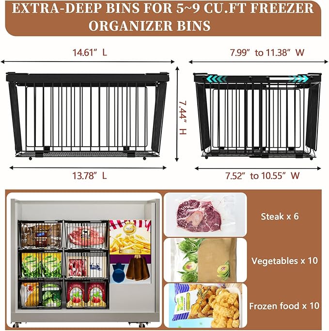 Large Freezer Organizer Bins，Upgraded Bottom Leak-Proof net，Fit 5 to 9 Cu Ft Chest Freezer，6 Pack， Expandable Stackable Chest Freezer Containers with Handle (Black-6P)