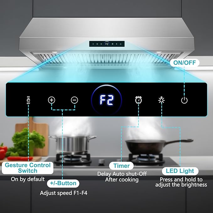 48 inch Range Hood Under Cabinet1500 CFM with 4-Speed Gesture Sensing & Touch Control, Stainless Steel Kitchen Stove Vent Hoods with 4 LED lights, Time Setting, Dishwasher-Safe Baffle Filters