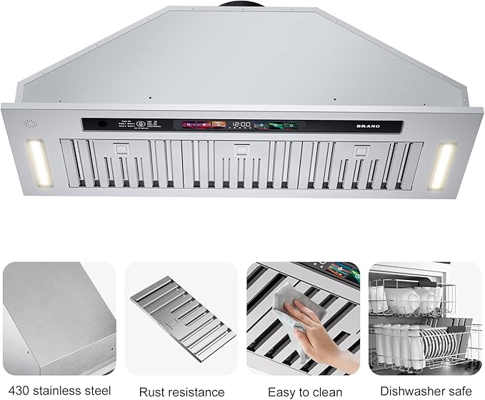 BRANO Range Hood Insert 36 Inch, 900 CFM Smart Voice/Gesture/Touch Control, 4 Speed Exhaust Fan, Stainless Steel Kitchen Hood with Charcoal Filter, Ducted/Ductless Convertible