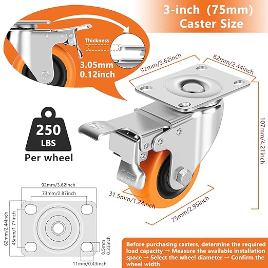 Caster Wheels - 3" Casters Set of 4 Heavy Duty, Update Dual Locking Casters with ON/Off Tabs (Easier to Operate), Swivel Plate Casters, Non-Marking Castor Wheels for Furniture and Workbench