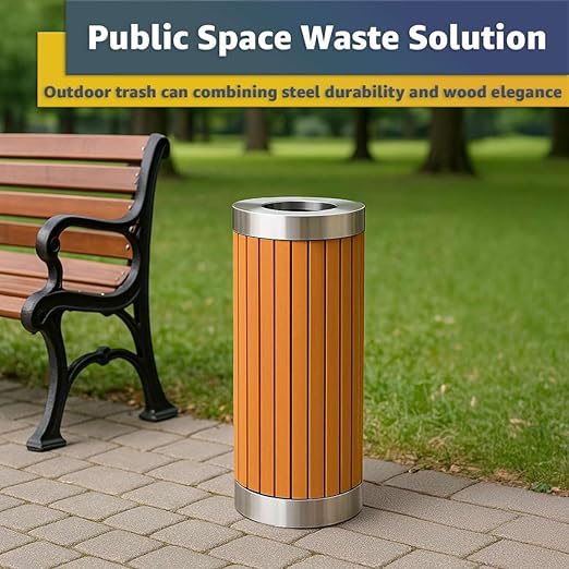 13.5 Gallon Round Outdoor Trash Can with Open Top - Commercial Steel and Wood Composite Decorative Waste Bin with Galvanized Liner - Garbage Container for Parks, Retail Stores, Public Transit Areas