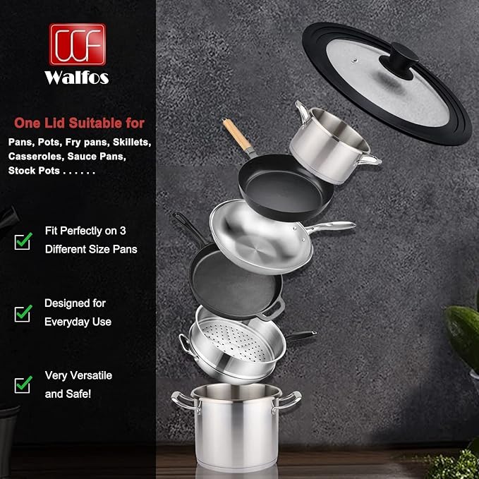 Universal Lid for Pots, Pans and Skillets Fits 10.5", 11.5" and 12" Diameter Cookware - Walfos Tempered Glass Pan Lid with Heat Resistant Silicone Rim, BPA Free Large Pot Lids, Dishwasher-Safe, Black