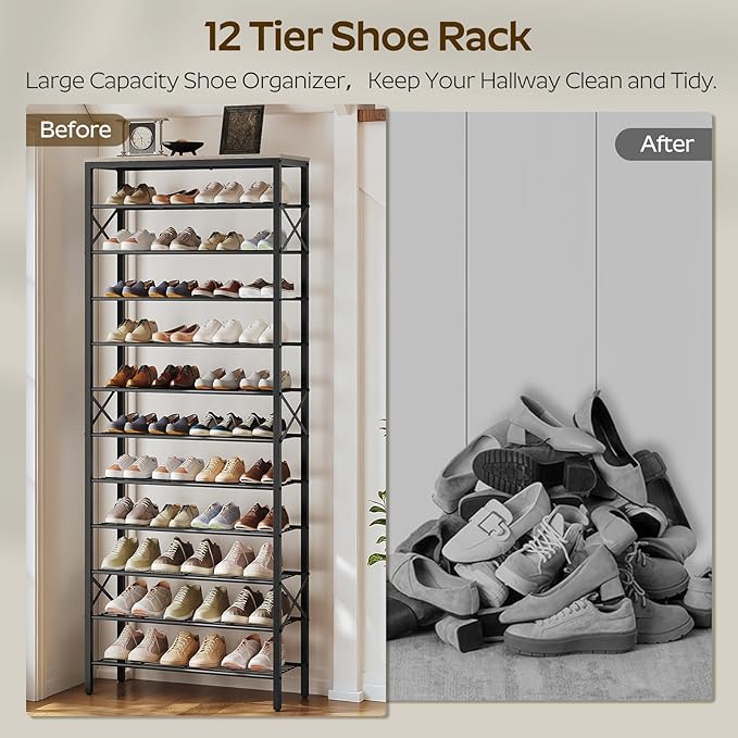 12 Tier Shoe Rack, Large Capacity Shoe Storage Organizer Holds 48 Pairs, Sturdy and Stable, for Entryway, Hallway, Closet, Dorm Room, Greige and Black SS12BG