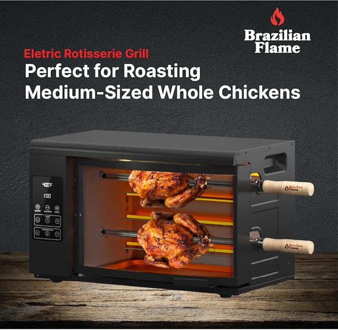 Electric Rotisserie Oven Brazilian Flame VOLTA | Vertical Countertop Grill with Auto-Rotating Skewers Shawarma Grill Machine Meat Kebab | Indoor Adjustable Temperature | 8lb Capacity | World Cup Grill