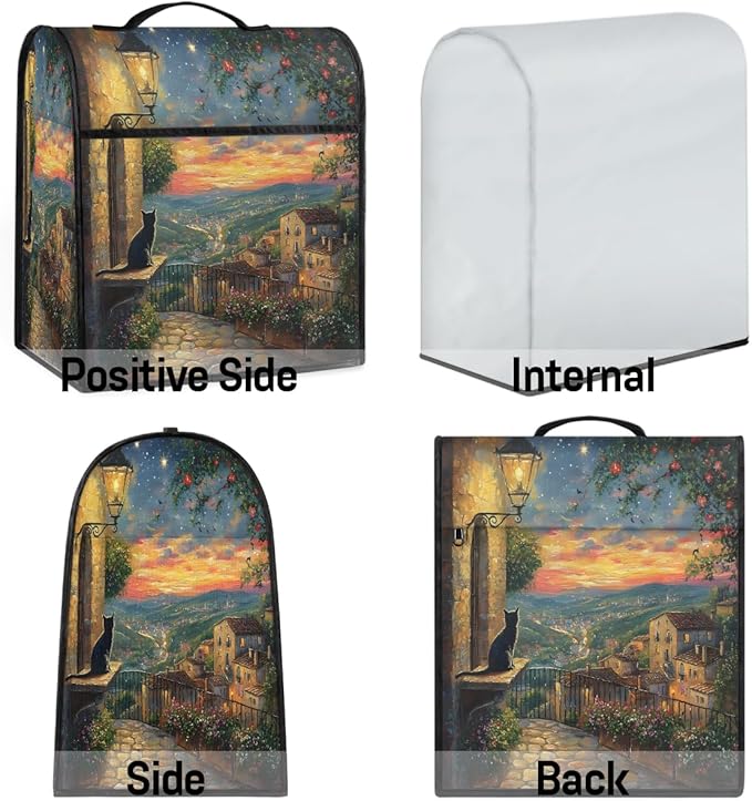 Kitchen Aid Mixer Cover Light Night Scene Cat Flower Stand Mixer Cover Compatible with 6-8 Quarts Stand Mixers, Dust Covers with Zipper Pocket Foldable Washable Kitchen Aid Organizer Bag