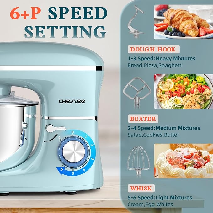 Stand Mixer,660W 6+P With 6.5QT Stainless Steel Bowl,Dough Hook, Wire Whip & Beater,for Most Home Cooks (Blue)