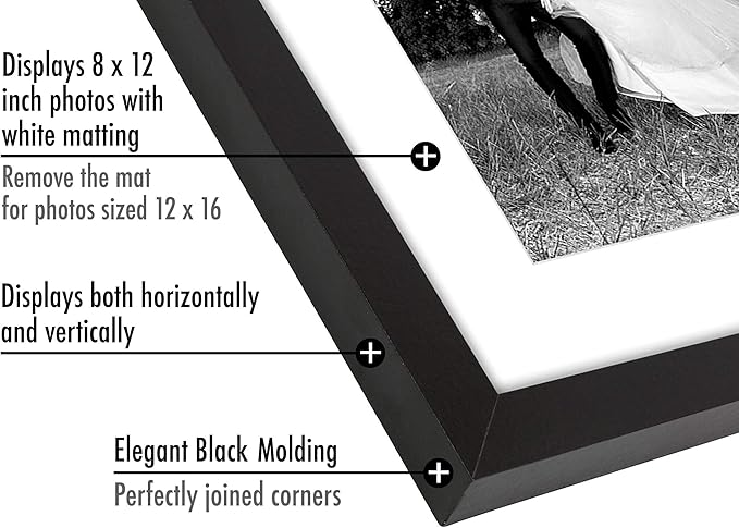 Americanflat 12x16 Picture Frame with Shatter-Resistant Glass - Use as 8x12 Frame with Mat or Display 12x16 Photo Without Mat - Signature Collection - Picture Frames for Wall Display - Black