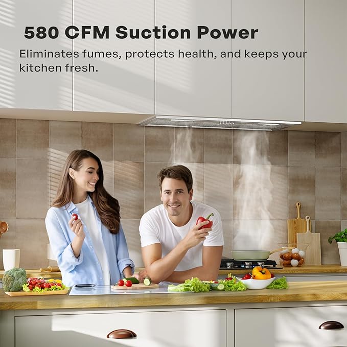 Range Hood Insert 30 Inch, Built-in Kitchen Hood with 580 CFM, 5-Layer Aluminum Mesh Filter, Ducted/Ductless Convertible Duct, Stainless Steel Kitchen Vent Hood, 3-Speed Controls, LED Lights