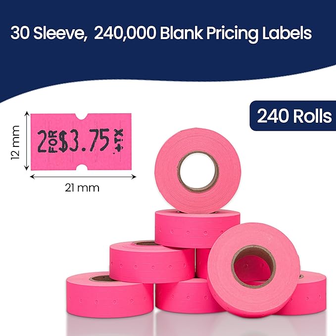 Perco 1 Line Fluorescent Pink Labels - Case of 30 Sleeves, 240,000 Blank Pricing Labels for Perco Lite, X, Plus and Pro 1 Line Price and Date Guns