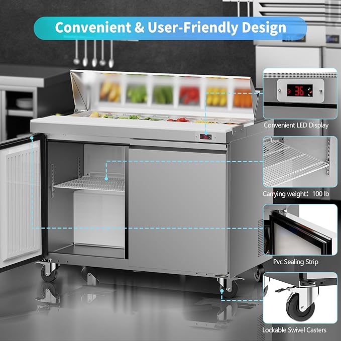 48“ Commercial Refrigerator Sandwich&Salad Prep Table Fridge with 12 Pans 2 Door Stainless Steel Counter Fan Cooling Refrigerators