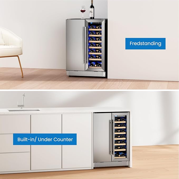 Wine and Beverage Refrigerator, 24’’ Daul Zone Wine Fridge, Freestanding Under Counter Refrigerator, Stainless Steel Beverage Cooler with Adjustable Shelves, Holds 21 Bottles and 88 Cans
