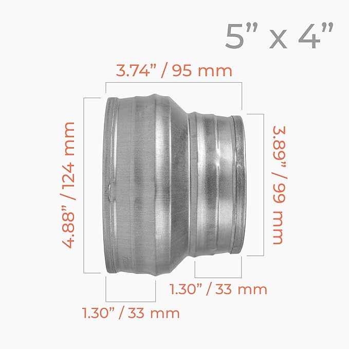 5" to 4" Inch Round Duct Reducer - Male Fit Galvanized Steel Pipe Increaser - Coupling for Round Duct Ventilation Systems - Heating & Cooling, HVAC