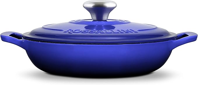 Signature Enameled Cast Iron Braiser, Non-Stick Serving Pot with Tight Fitting Lid for Perfect Roasting, Baking, Sauteing, Searing, and Pan Frying | 3.5Q (3.3L) - Indigo Blue
