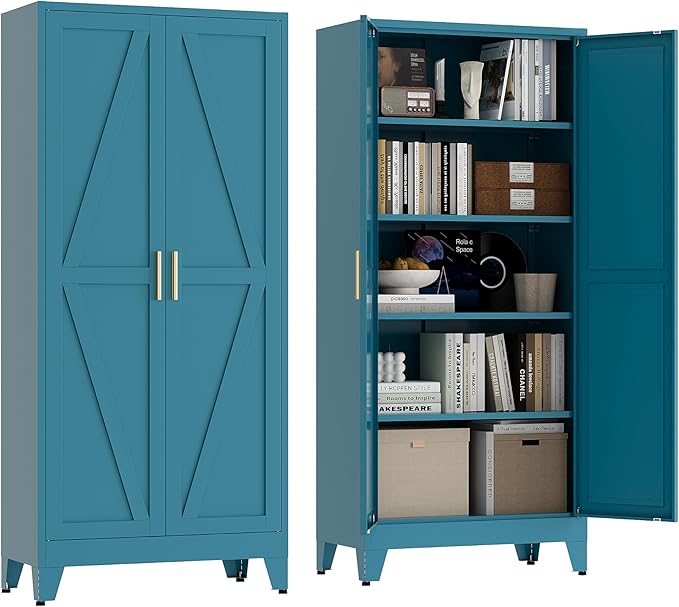 71" Tall Pantry Cabinet, White Metal Pantry Storage Cabinet, Kitchen Pantry Storage Cabinets with 2 Door and 4 Adjustable Shelves (Blue, 71" H)