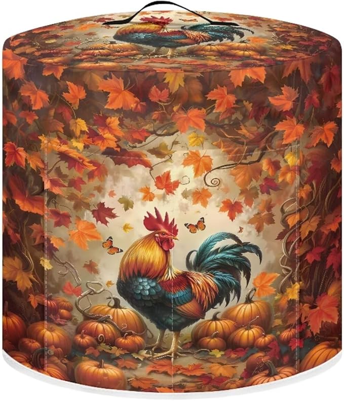 Xoenoiee Rooster Maple Leaf Kitchen Appliance Dust Cover with Pockets, Electric Pressure Cooker Cover Compatible with Crock Pot, Rice Cooker Covers Fall Decor, for 8 Qt Pot