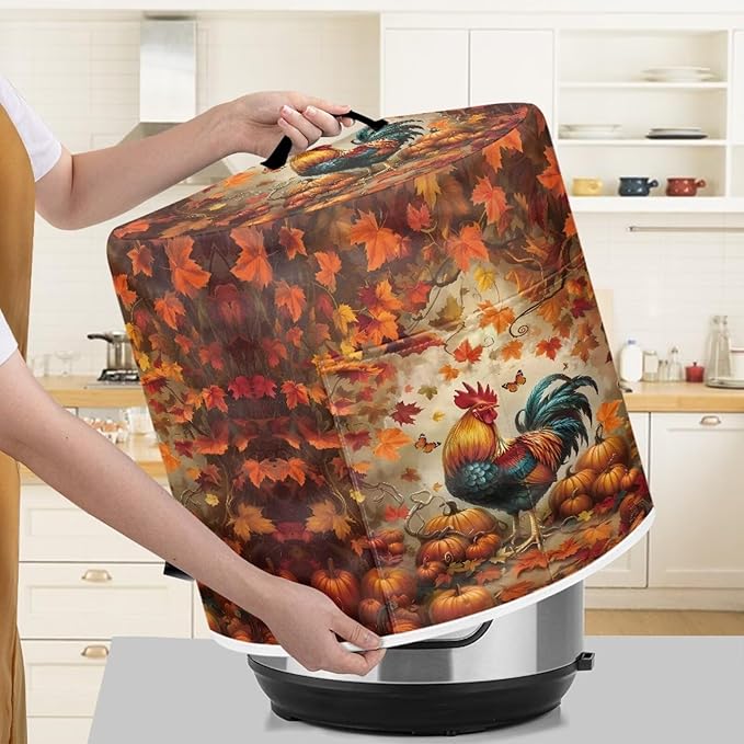 Xoenoiee Rooster Maple Leaf Kitchen Appliance Dust Cover with Pockets, Electric Pressure Cooker Cover Compatible with Crock Pot, Rice Cooker Covers Fall Decor, for 6 Qt Pot