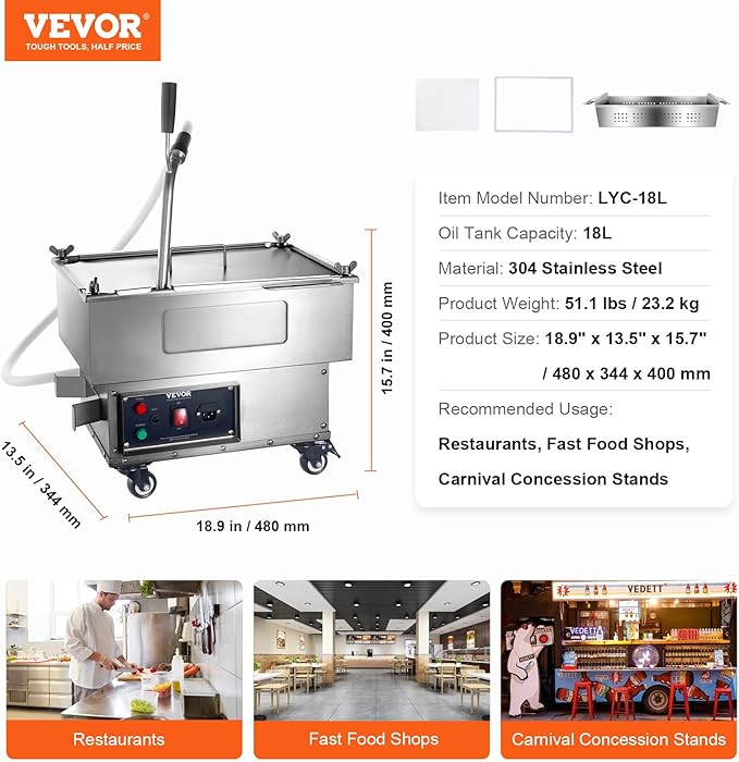 VEVOR Deep Fryer Filter 18 L/44 LBS/5.8 Gal, Frying Oil Filter System Machine 300W, Deep Fryer Oil Filter 10 L/min, Cooking Oil Filter Pump & Oil Hose, Mobile Fryer Filter 110V Kitchen Restaurant