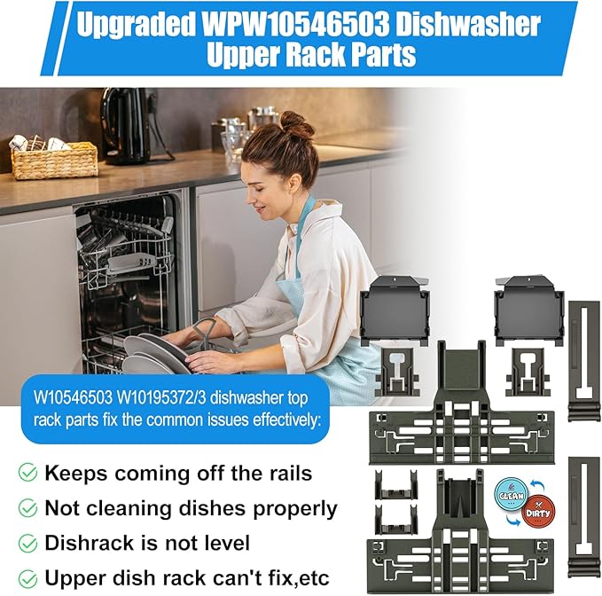Upgraded WPW10546503 W10546503 Dishwasher Upper Rack Adjuster Assembly & W10195372/3 Dishrack Adjuster Housing for Kitchenaid Dishwasher Parts KDTE334GPS0 KDFE104HPS0 Top Rack Adjuster, 10Packs