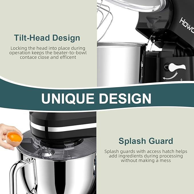 HOWORK Electric Stand Mixer,10+p Speeds Kitchen Mixer With 6.5QT Stainless Steel Bowl,Dough Hook, Wire Whip & Beater,for Most Home Cooks(Black)