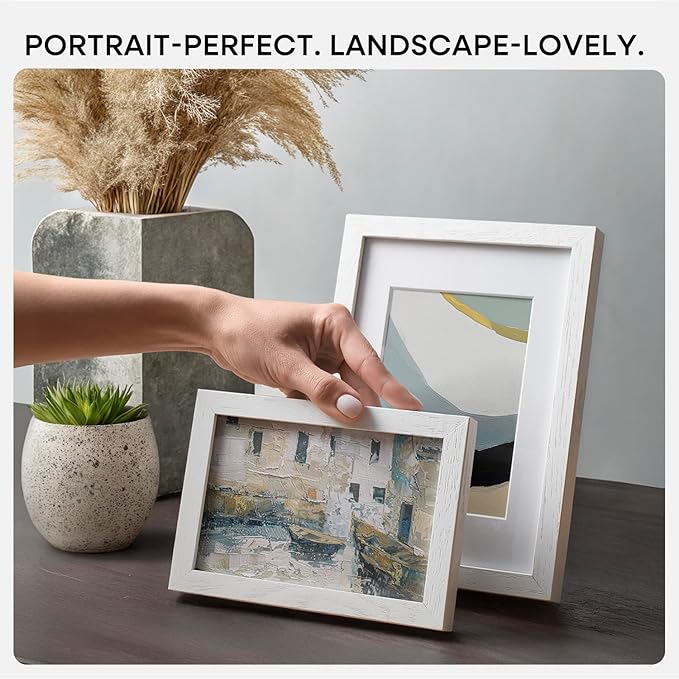 Homeforia 9x11 Frame White Wood, High End Oak 9 x 11 Picture Frames with Mat 6 by 8 Print, 9by11 White Wooden Frame Matted to 6x8 inch Photo, Wall or Tabletop Frames, Tempered Glass, Wall Kit, Set of 1