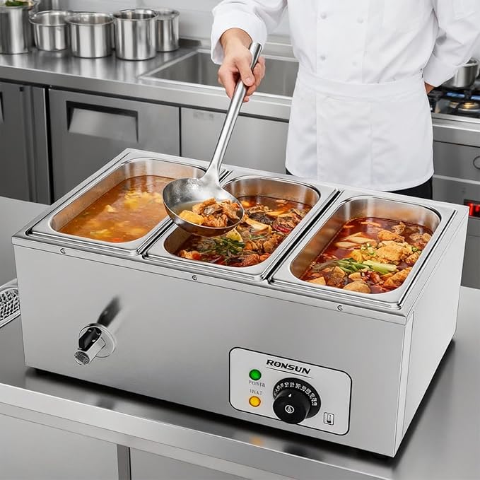 ROVSUN 21QT Electric Commercial Food Warmer, 3-Pan Steam Table 6.9 QT/Pan Stainless Steel Bain Marie Buffet Countertop with Temperature Control & Lid for Parties, Catering, Restaurants 110V