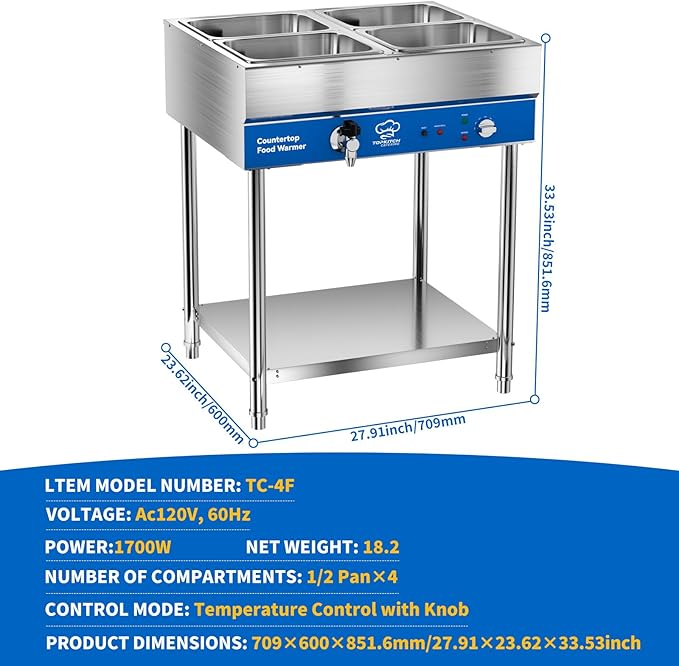 4-Pan Commercial Food Warmer, Electric Steam Table, 120V 1700W Stainless Steel Buffet Catering Food Warmer with Undershelf and Workspace, for Restaurant.