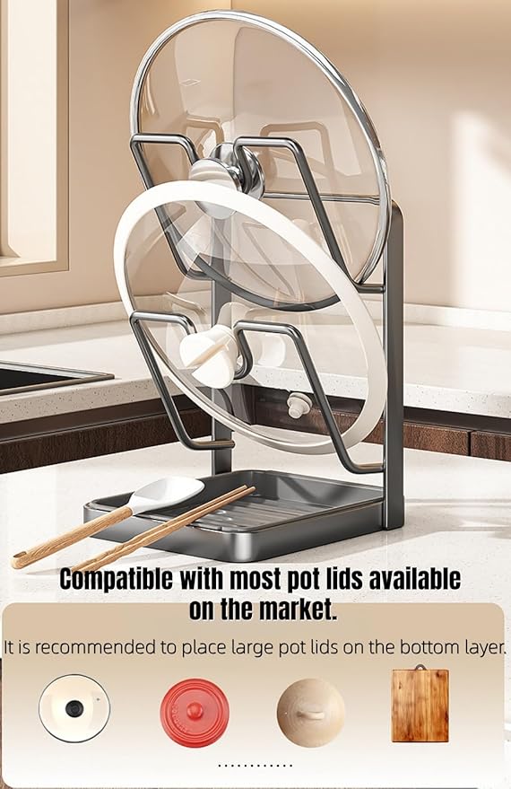Kitchen Pot Lid Storage Rack Holder for Countertop, Space-saving Vertical Compact Pot Lid Holder Double-layer with Removable Drip Tray, Gray