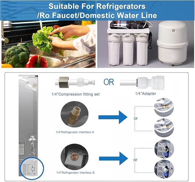 49.2Ft Refrigerator Water Line Kit for 1/4" OD Water Supply Pipe Tube, Ice Maker Fridge Installation Kit with T-piece 3/8x3/8x1/4" Connection Kit for Fridge Ice Maker RO Systems Water Filter Faucet