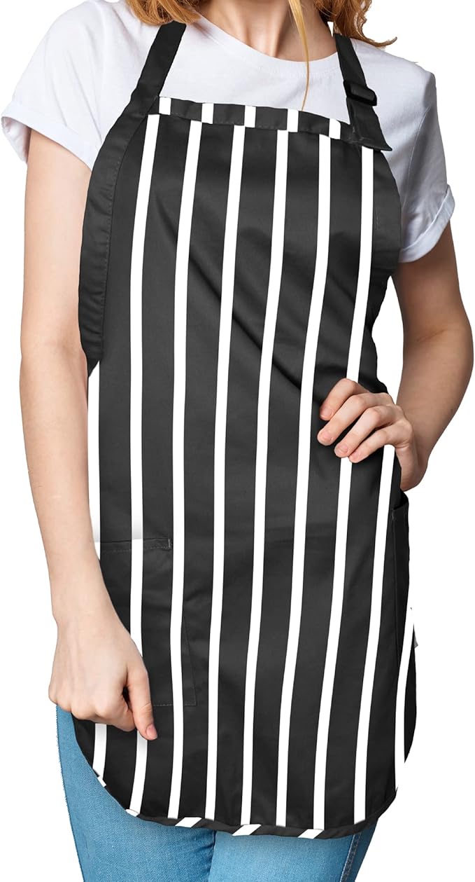 DALIX Apron Commercial Restaurant Home Bib Spun Poly Cotton Kitchen Aprons (2 Pockets) in Pinstripe Black/White 12 Pack