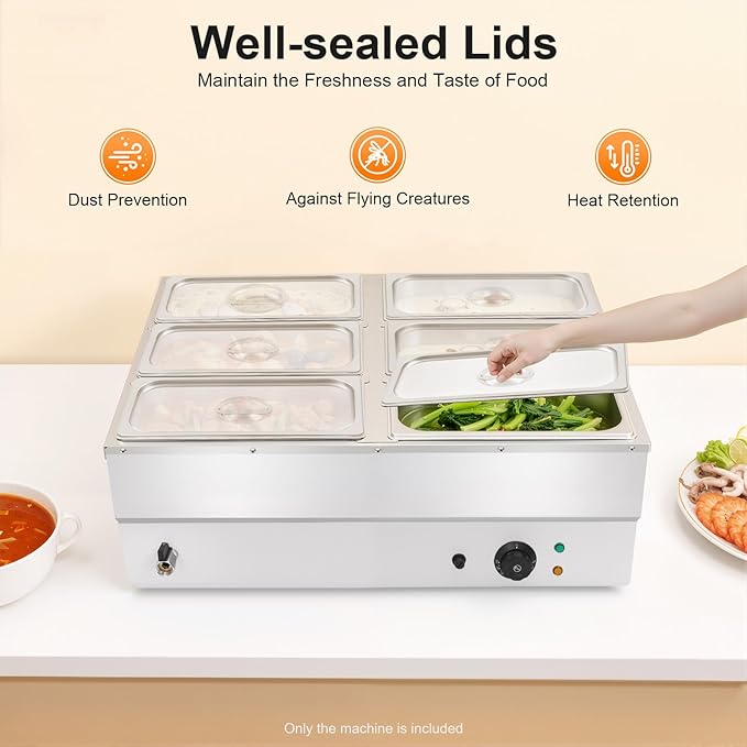 6-Pan Commercial Food Warmer 6.7L/1.77Gal Countertop Electric Steam Table 1500W Electric Food Warmer 86-230℉ Temp Control for Catering and Restaurant 26.97 x 21.26 x 11.22in
