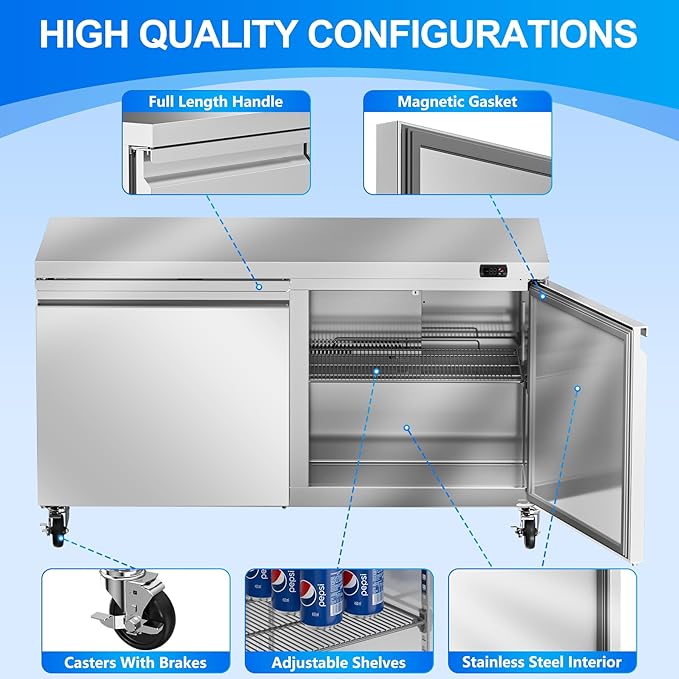 60" W Commercial Undercounter Freezer, 14.1 Cu.ft 2 Door Worktop Under Counter Freezer, Stainless Steel Commercial Kitchen Freezing Equipment for Restaurant, Bar, Shop, etc.